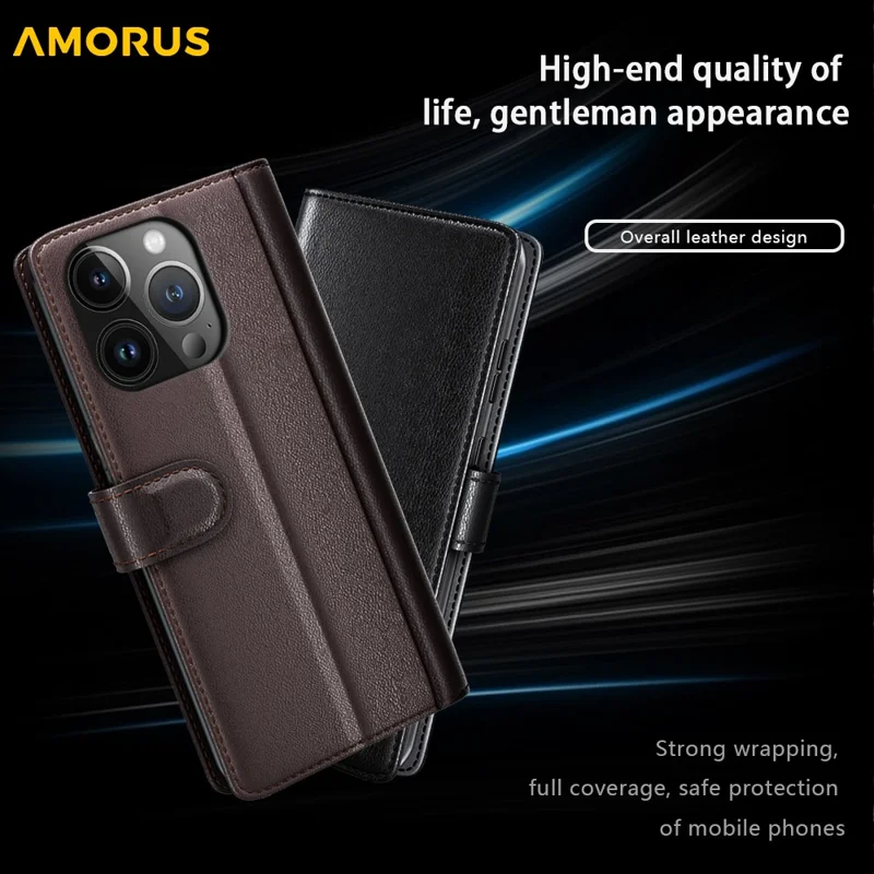 AMORUS For iPhone 14 Pro Max Stand Cases Calf Texture Genuine Split Leather Wallet Phone Cover - Brown
