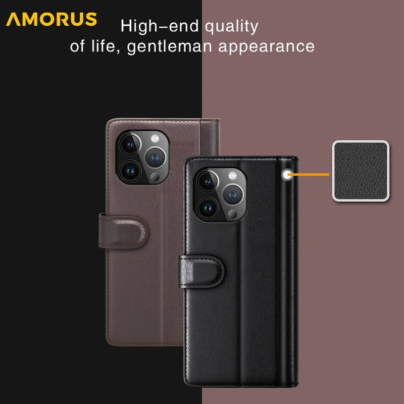 AMORUS For iPhone 14 Pro Max Stand Cases Calf Texture Genuine Split Leather Wallet Phone Cover - Brown