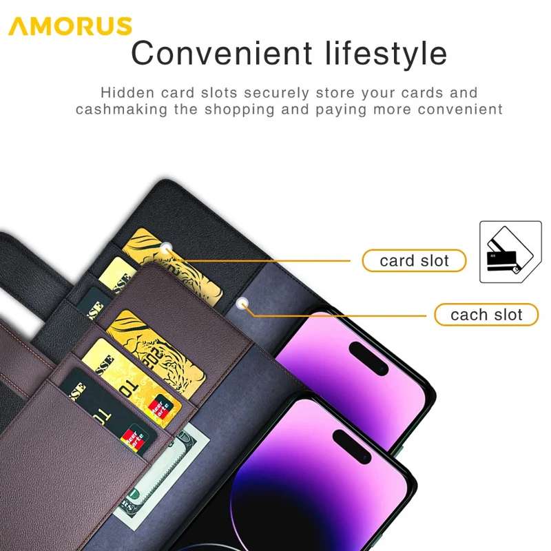 AMORUS For iPhone 14 Pro Max Stand Cases Calf Texture Genuine Split Leather Wallet Phone Cover - Brown