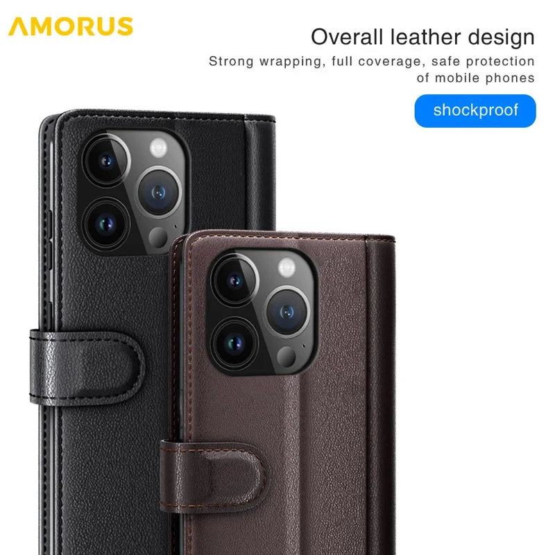 AMORUS For iPhone 14 Pro Max Stand Cases Calf Texture Genuine Split Leather Wallet Phone Cover - Brown