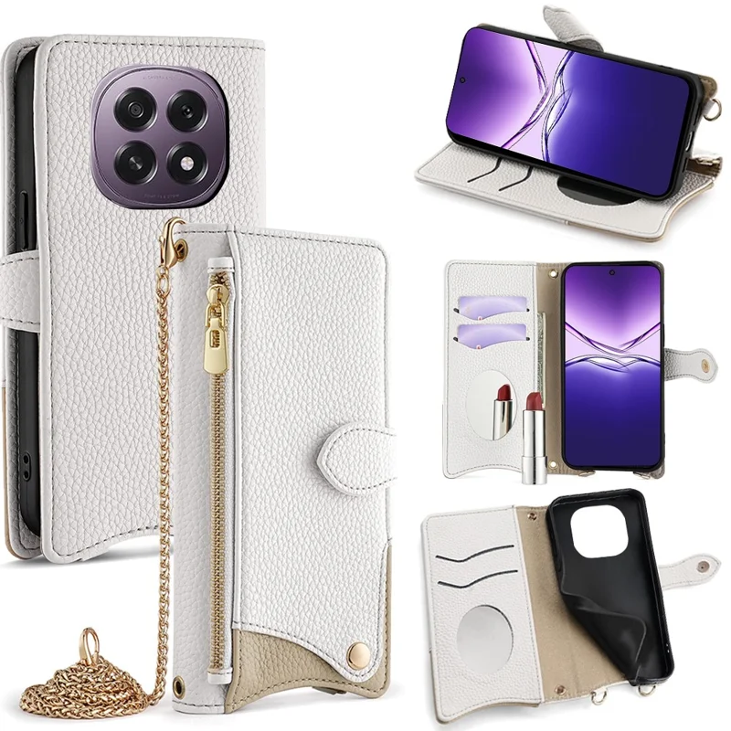 Capa de Couro com Suporte para Carteira Oppo F29 5G - Estilo de Cauda Irregular com Alça de Corrente - Branco
