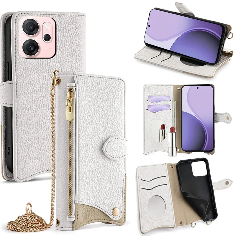 Étui en cuir pour Oppo Reno14 F 5G, style queue irrégulière avec sangle à chaîne - Blanc