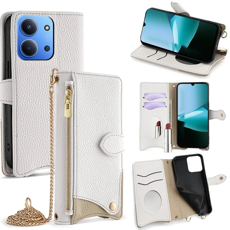 Capa de Couro Carteira com Suporte Estilo Cauda Irregular com Corrente - Branco para Xiaomi Redmi 15C 4G (Global) (171mm) / Poco C85 4G (171mm)