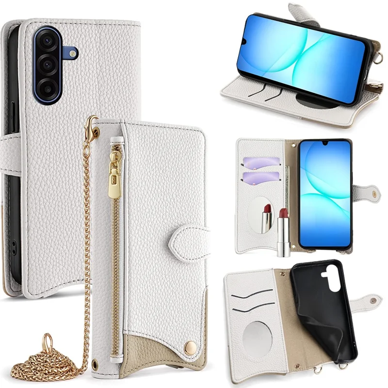 For Samsung Galaxy A17 5G / A17 4G Leather Case Wallet Stand Cover Irregular Tail Style with Chain Strap - White