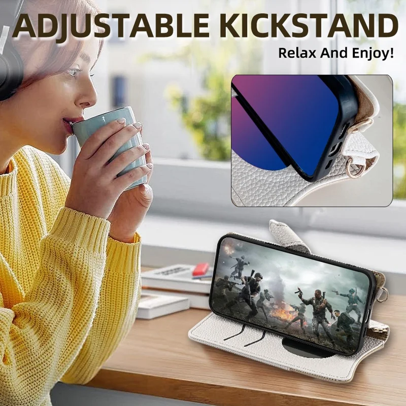 For Samsung Galaxy A17 5G / A17 4G Leather Case Wallet Stand Cover Irregular Tail Style with Chain Strap - White