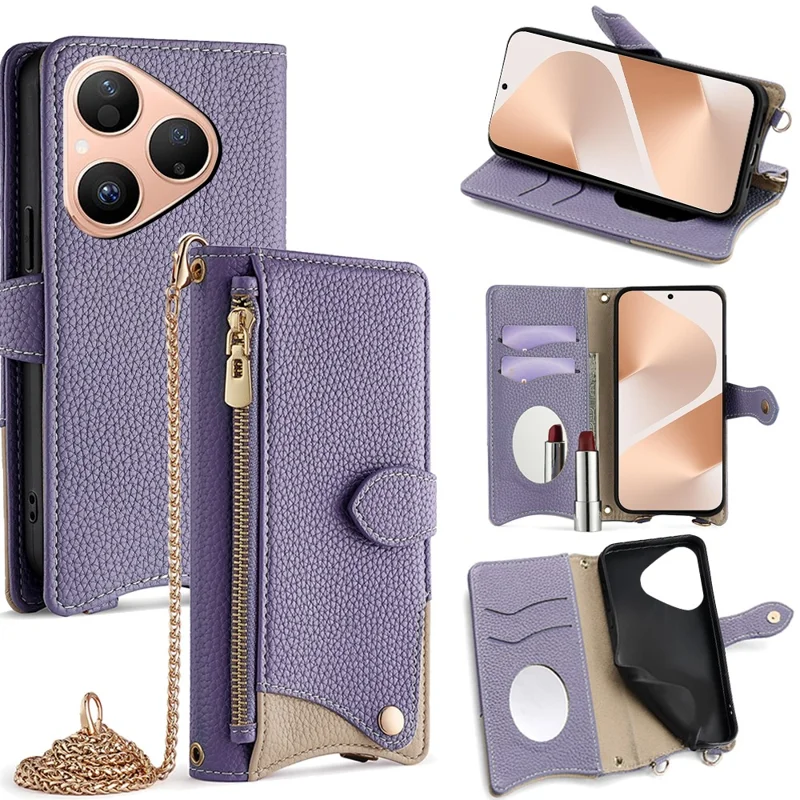 For Huawei Pura 80 Leather Case Wallet Stand Cover Irregular Tail Style with Chain Strap - Purple