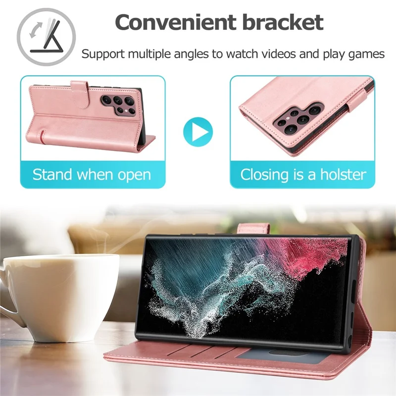 Anti-drop Phone Cover For Samsung Galaxy S23 Ultra, Splicing Flip Leather Case Wallet Stand with Magnetic Closing Clasp - Pink