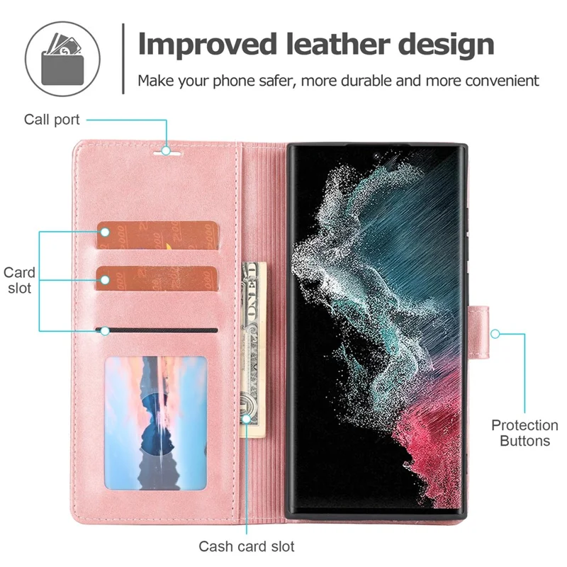 Anti-drop Phone Cover For Samsung Galaxy S23 Ultra, Splicing Flip Leather Case Wallet Stand with Magnetic Closing Clasp - Pink