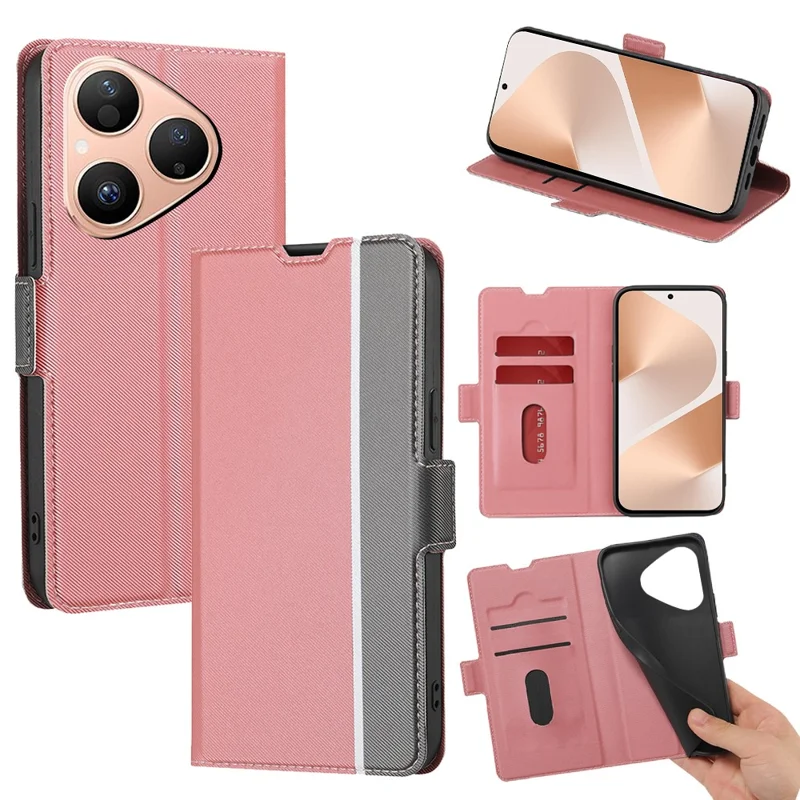For Huawei Pura 80 Case Card Holder Twill Texture Leather Phone Cover - Pink