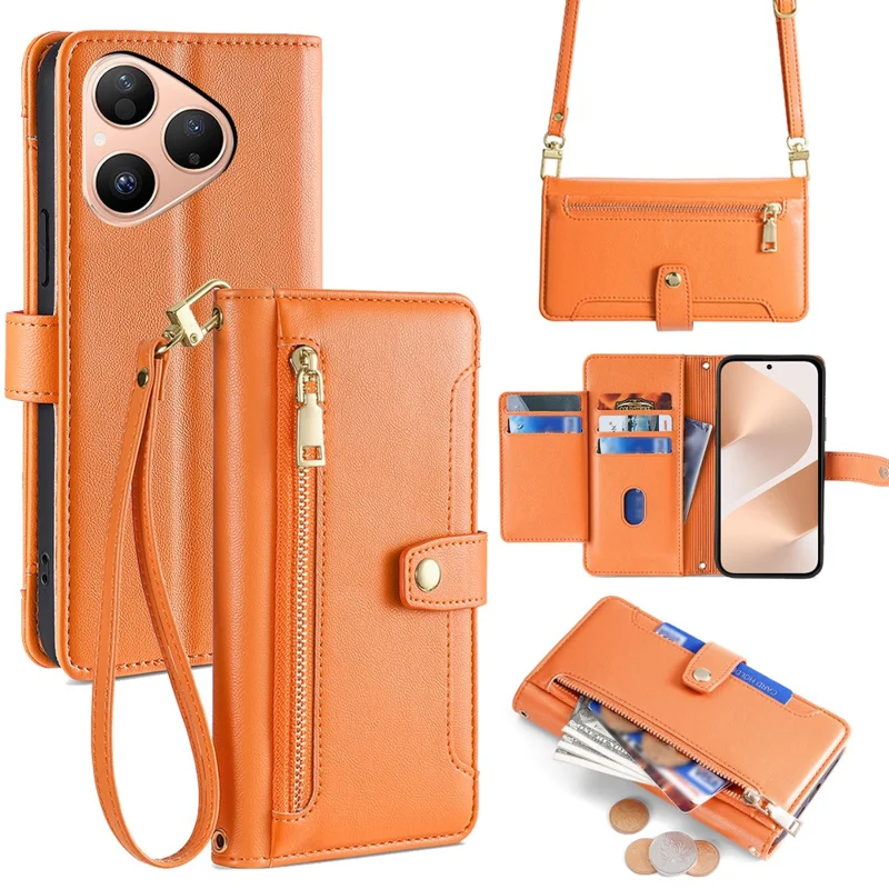 Custodia in pelle Huawei Pura 80 con tasca con cerniera Portafoglio Cover per telefono con 2 cinghie - Arancione