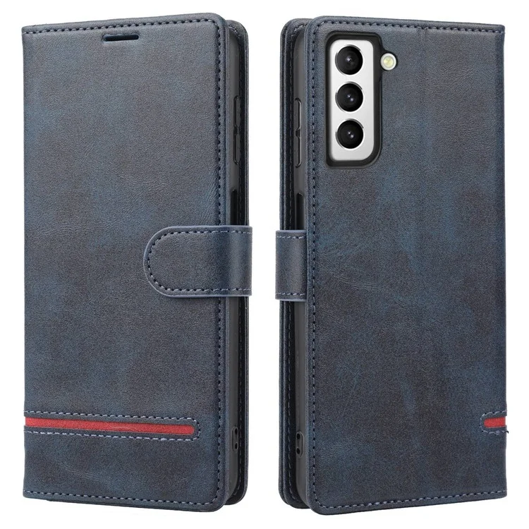 Magnetic Closing Clasp Phone Cover For Samsung Galaxy S23, Splicing PU Leather Full Protection Cell Phone Case Wallet Stand - Blue