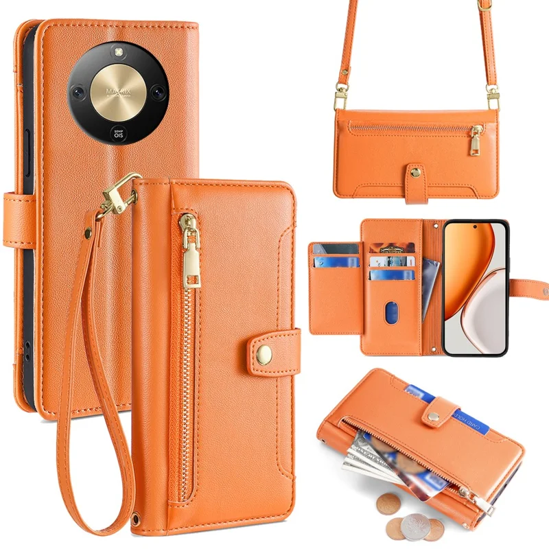 Capa de Couro com Bolso com Zíper e 2 Alças para Celular For Honor X70 5G - Laranja