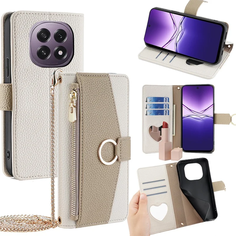 For Oppo F29 5G Case Mirror Wallet Leather Phone Cover with Chain Shoulder Strap - White