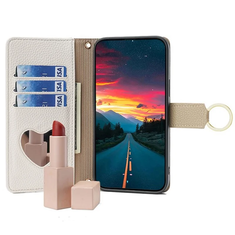 For Realme GT 7 5G Case Mirror Wallet Leather Phone Cover with Chain Shoulder Strap - White