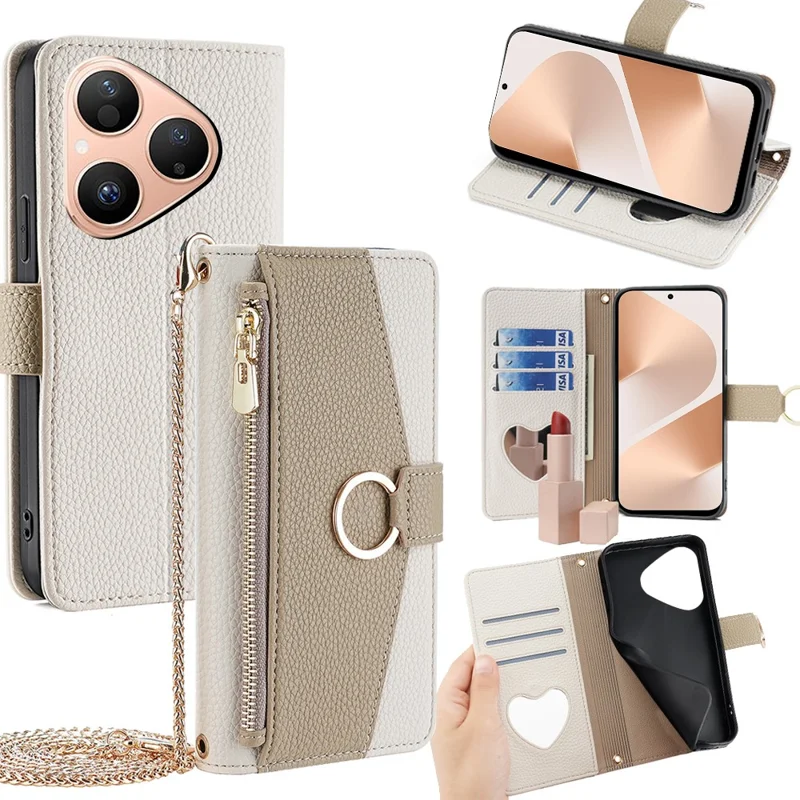 For Huawei Pura 80 Case Mirror Wallet Leather Phone Cover with Chain Shoulder Strap - White