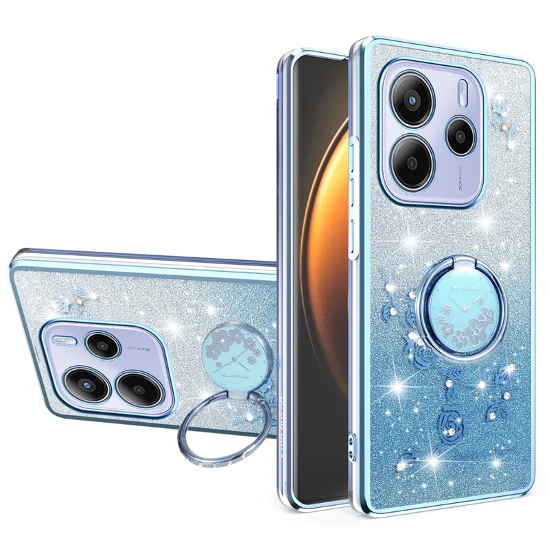 KADEM Para Xiaomi Redmi Note 14 Pro 4G Capa Anel Suporte TPU Flores Capa de Telefone Gradiente Glitter - Azul