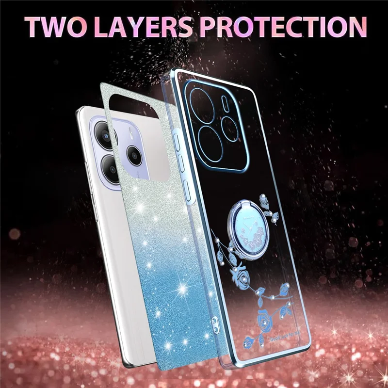 KADEM Para Xiaomi Redmi Note 14 Pro 4G Capa Anel Suporte TPU Flores Capa de Telefone Gradiente Glitter - Azul