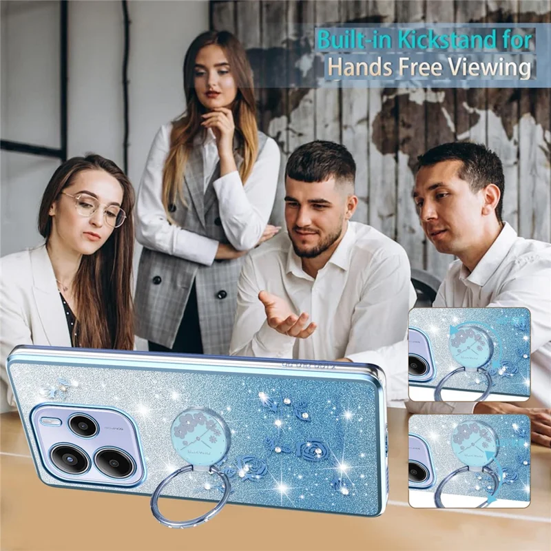 KADEM Para Xiaomi Redmi Note 14 Pro 4G Capa Anel Suporte TPU Flores Capa de Telefone Gradiente Glitter - Azul