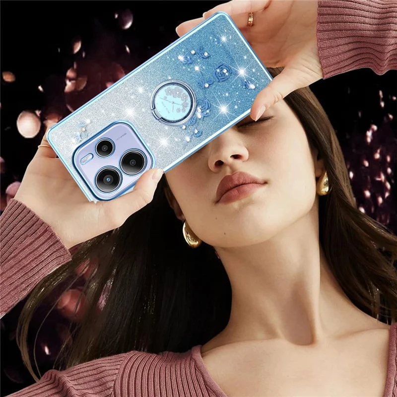 KADEM Para Xiaomi Redmi Note 14 Pro 4G Capa Anel Suporte TPU Flores Capa de Telefone Gradiente Glitter - Azul