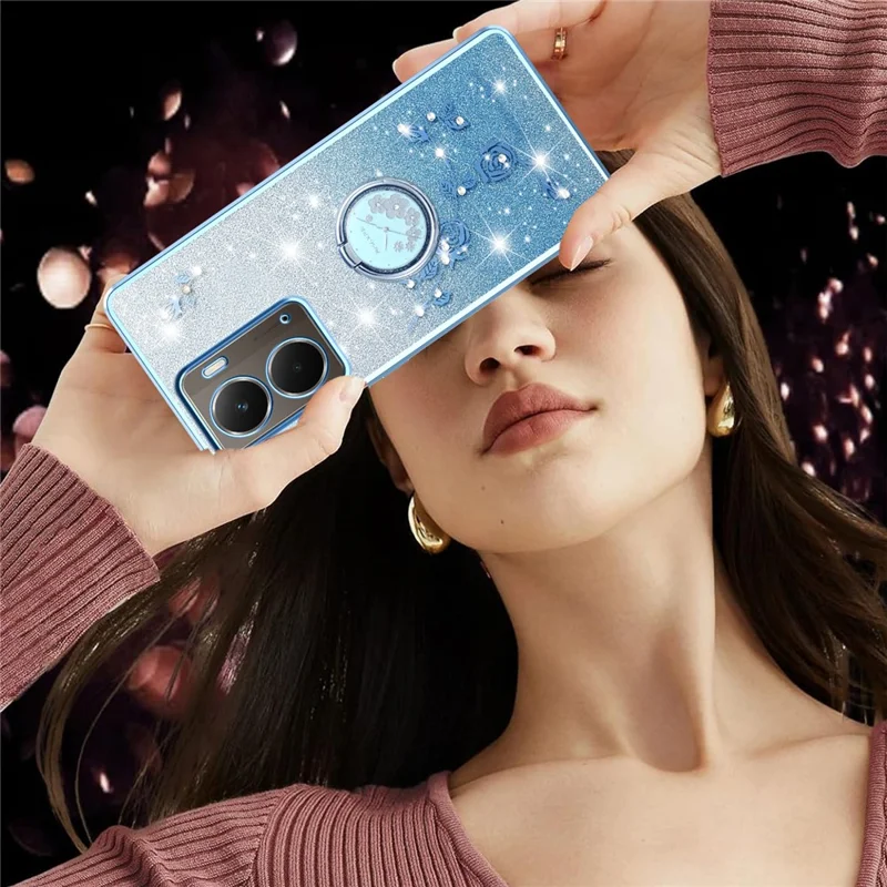 KADEM Capa para Realme P3 5G com Anel e Suporte, Capa de Telefone com Flores TPU e Glitter Gradiente - Azul