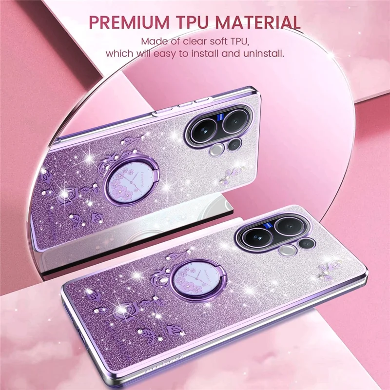 Capa KADEM para Vivo V60 5G com Suporte de Anel, Capa de Telefone TPU com Flores, Glitter Gradiente - Roxo