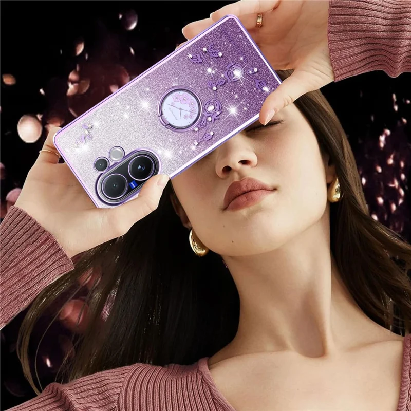 Capa KADEM para Vivo V60 5G com Suporte de Anel, Capa de Telefone TPU com Flores, Glitter Gradiente - Roxo