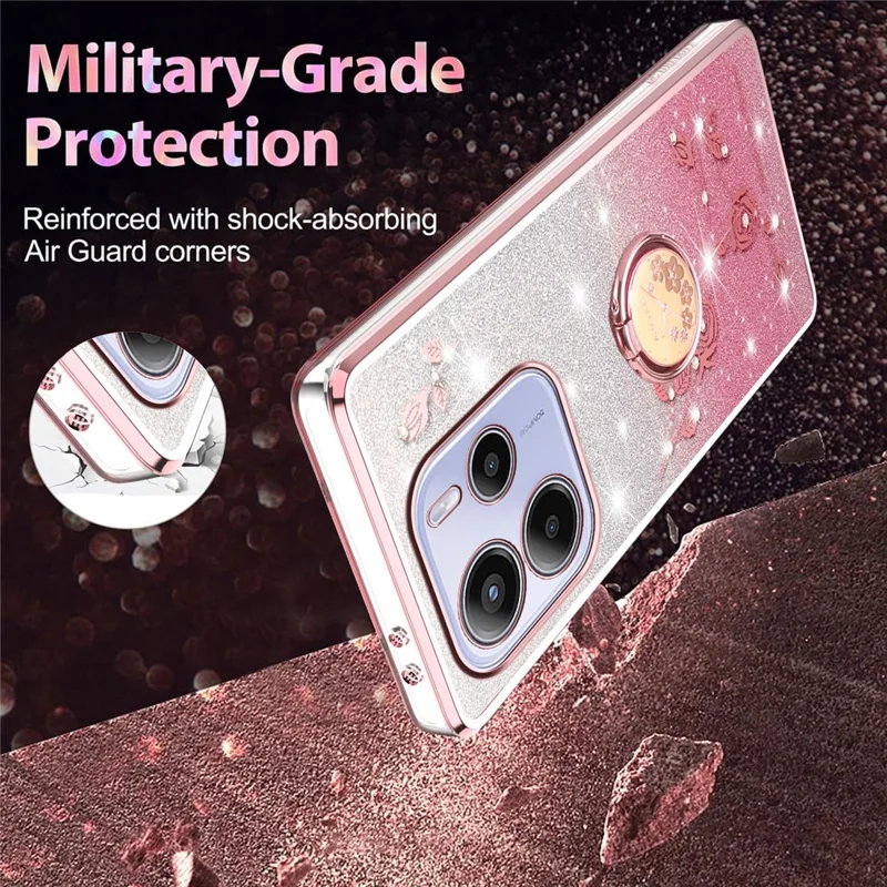 KADEM Para Xiaomi Redmi Note 14 4G (163,25 mm) Capa Anel Suporte TPU Flores Capa de Telefone Gradiente Glitter - Ouro Rosa