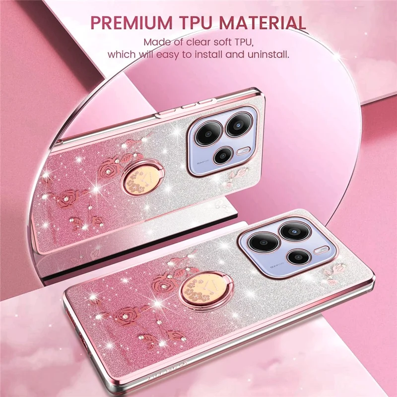 KADEM Para Xiaomi Redmi Note 14 4G (163,25 mm) Capa Anel Suporte TPU Flores Capa de Telefone Gradiente Glitter - Ouro Rosa