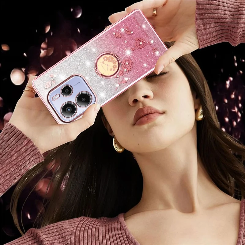 KADEM Para Xiaomi Redmi Note 14 4G (163,25 mm) Capa Anel Suporte TPU Flores Capa de Telefone Gradiente Glitter - Ouro Rosa