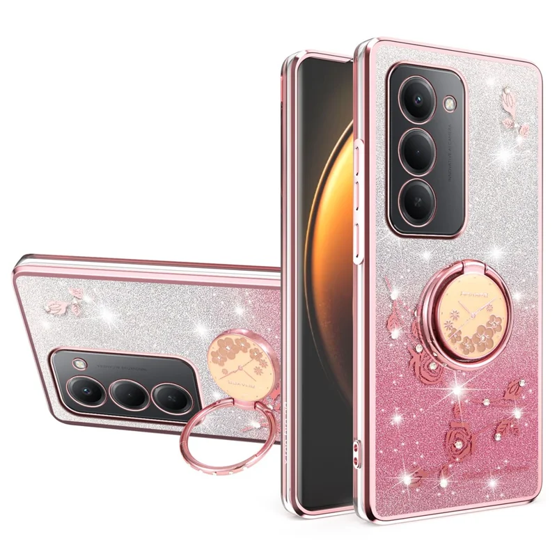 Capa KADEM para Xiaomi Redmi 15 5G (Global) (169mm) com Anel Suporte, TPU Flores Capa de Telefone Glitter Gradiente - Ouro Rosa