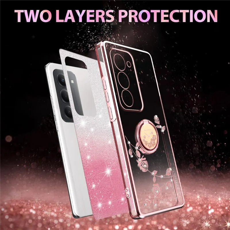 Capa KADEM para Xiaomi Redmi 15 5G (Global) (169mm) com Anel Suporte, TPU Flores Capa de Telefone Glitter Gradiente - Ouro Rosa