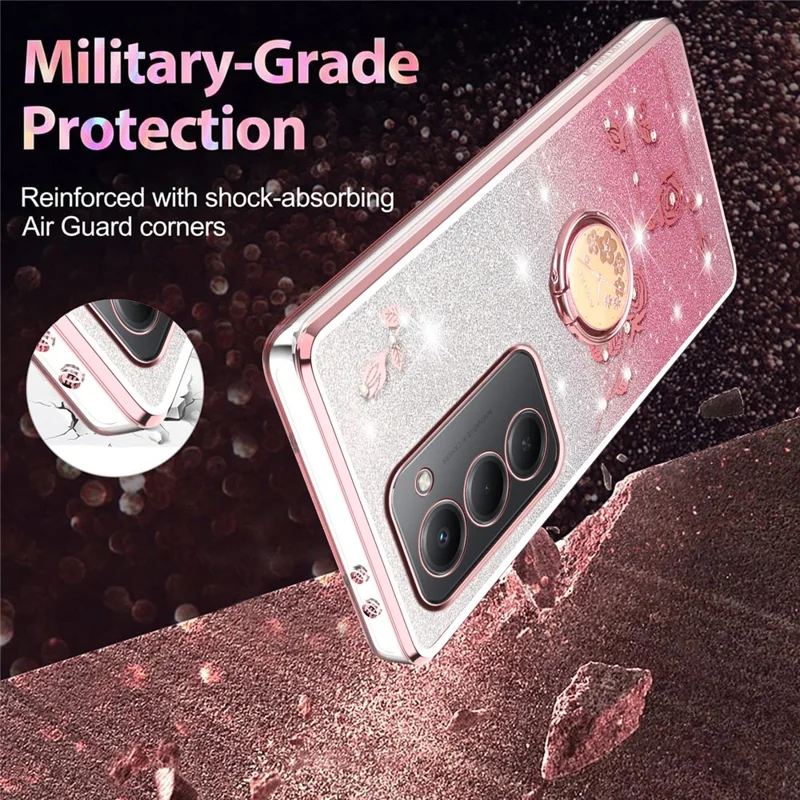 Capa KADEM para Xiaomi Redmi 15 5G (Global) (169mm) com Anel Suporte, TPU Flores Capa de Telefone Glitter Gradiente - Ouro Rosa