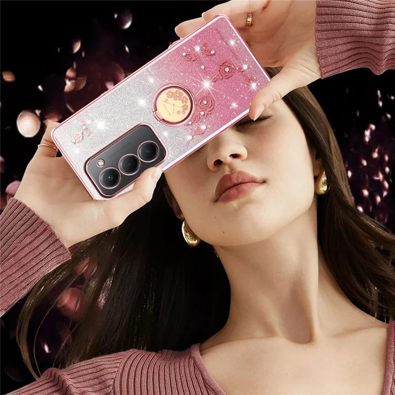 Capa KADEM para Xiaomi Redmi 15 5G (Global) (169mm) com Anel Suporte, TPU Flores Capa de Telefone Glitter Gradiente - Ouro Rosa