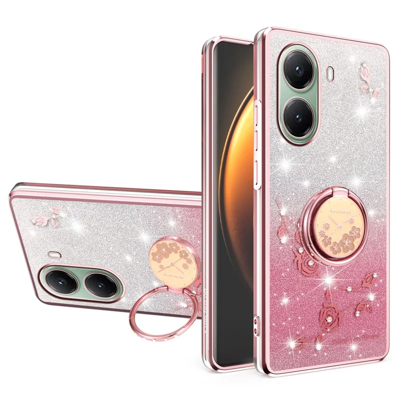 KADEM для Xiaomi Poco X7 Pro 5G / Redmi Turbo 4 5G Чехол с кольцом-подставкой TPU Цветы Чехол для телефона Градиентный блеск - Розовое золото