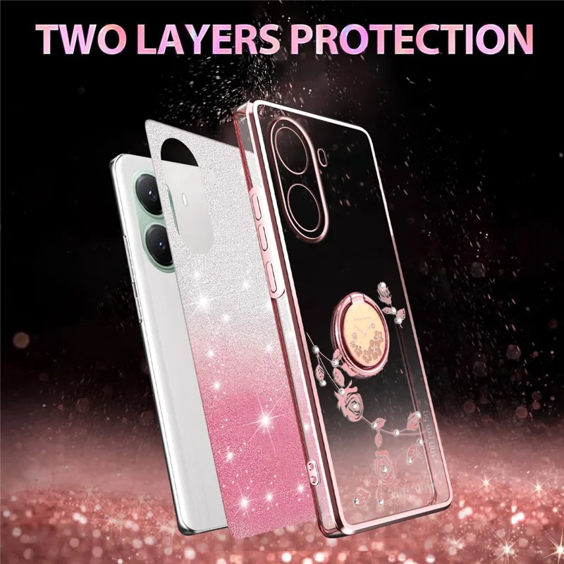 KADEM для Xiaomi Poco X7 Pro 5G / Redmi Turbo 4 5G Чехол с кольцом-подставкой TPU Цветы Чехол для телефона Градиентный блеск - Розовое золото