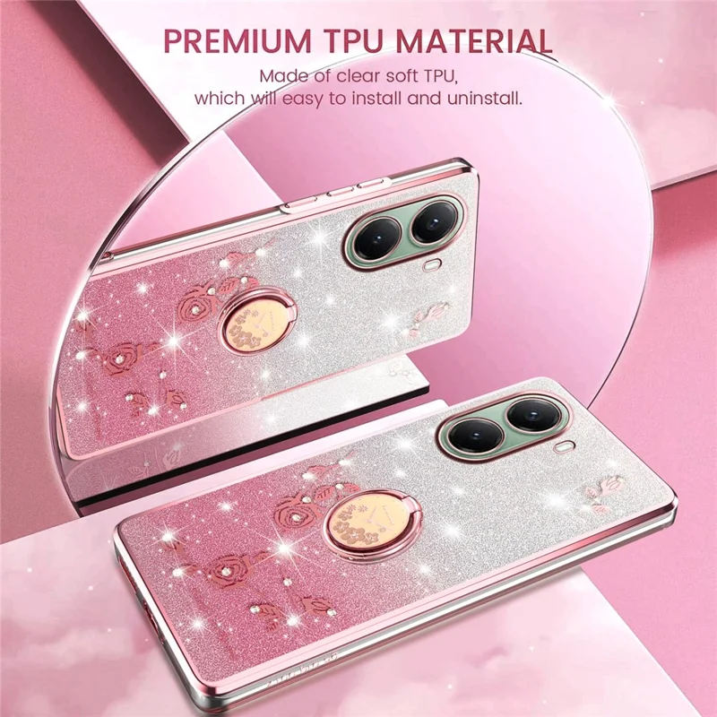 KADEM для Xiaomi Poco X7 Pro 5G / Redmi Turbo 4 5G Чехол с кольцом-подставкой TPU Цветы Чехол для телефона Градиентный блеск - Розовое золото
