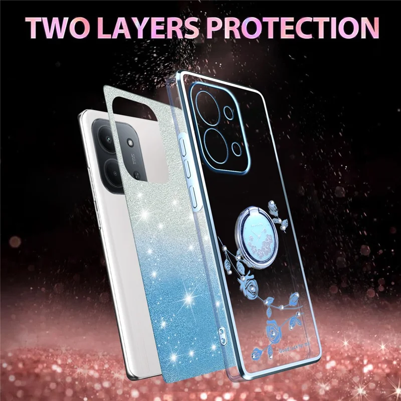 KADEM Para Xiaomi Redmi 15C 4G (Global) (171mm) Capa Anel Suporte TPU Flores Capa de Telefone Gradiente Brilhante - Azul