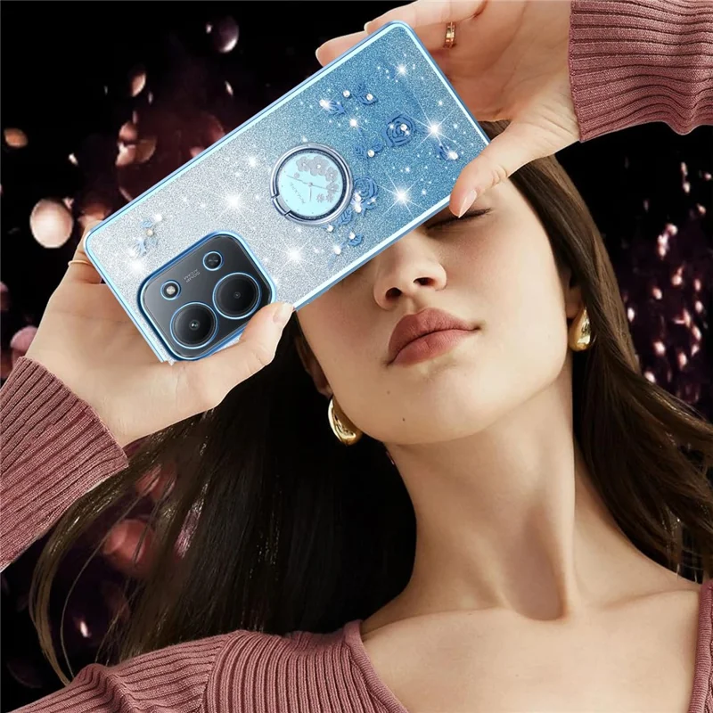 KADEM Para Xiaomi Redmi 15C 4G (Global) (171mm) Capa Anel Suporte TPU Flores Capa de Telefone Gradiente Brilhante - Azul
