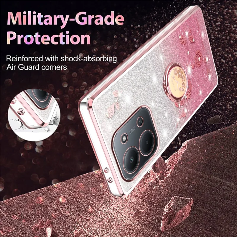 KADEM Pour Xiaomi Redmi 15C 4G (UE) (173mm) / 5G (UE) (173mm) / Poco C85 4G (173mm) Étui Support Fleurs TPU Housse de Téléphone Paillettes Dégradé - Or Rose