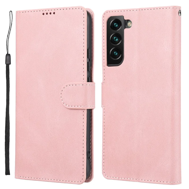 Shockproof Phone Case For Samsung Galaxy S23, PU Leather Flip Wallet Stand Magnetic Closure Smartphone Cover with Strap - Pink