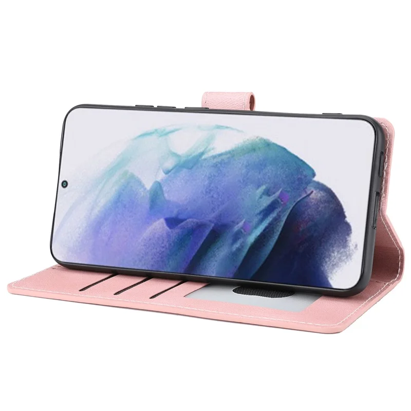 Shockproof Phone Case For Samsung Galaxy S23, PU Leather Flip Wallet Stand Magnetic Closure Smartphone Cover with Strap - Pink