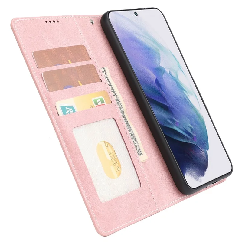 Shockproof Phone Case For Samsung Galaxy S23, PU Leather Flip Wallet Stand Magnetic Closure Smartphone Cover with Strap - Pink