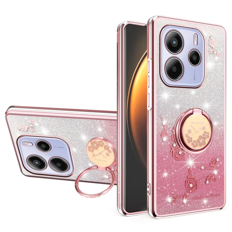 KADEM Para Xiaomi Redmi Note 14 5G Caso Anel Suporte TPU Flores Capa de Telefone Gradiente Glitter - Ouro Rosa