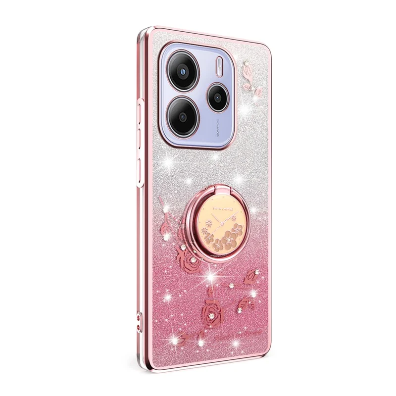 KADEM Para Xiaomi Redmi Note 14 5G Caso Anel Suporte TPU Flores Capa de Telefone Gradiente Glitter - Ouro Rosa