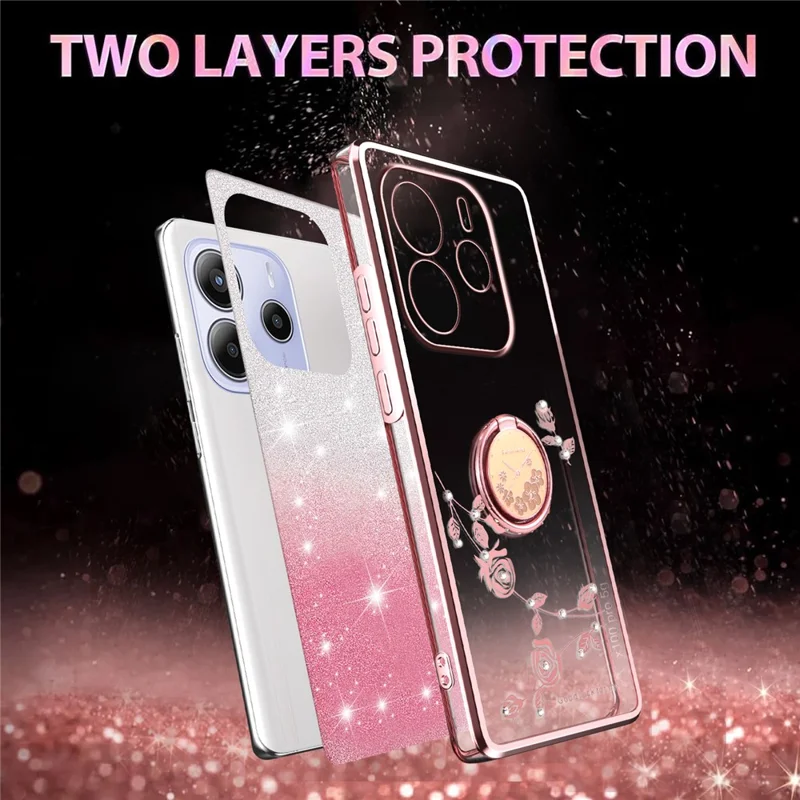 KADEM Para Xiaomi Redmi Note 14 5G Caso Anel Suporte TPU Flores Capa de Telefone Gradiente Glitter - Ouro Rosa