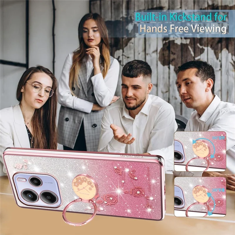 KADEM Para Xiaomi Redmi Note 14 5G Caso Anel Suporte TPU Flores Capa de Telefone Gradiente Glitter - Ouro Rosa