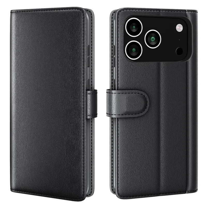 AMORUS For iPhone 18 Pro / 17 Pro Stand Cases Calf Texture Genuine Split Leather Wallet Phone Cover - Black