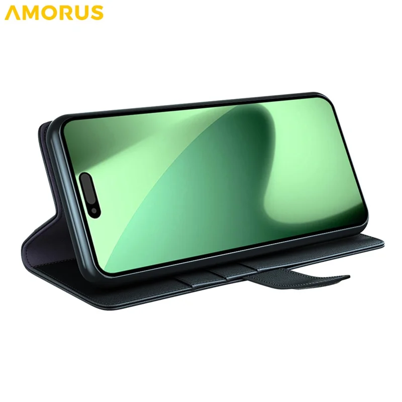 AMORUS For iPhone 18 Pro / 17 Pro Stand Cases Calf Texture Genuine Split Leather Wallet Phone Cover - Black