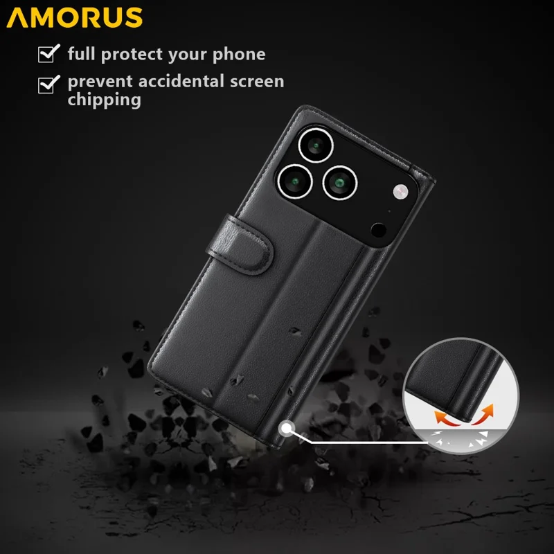 AMORUS For iPhone 18 Pro / 17 Pro Stand Cases Calf Texture Genuine Split Leather Wallet Phone Cover - Black