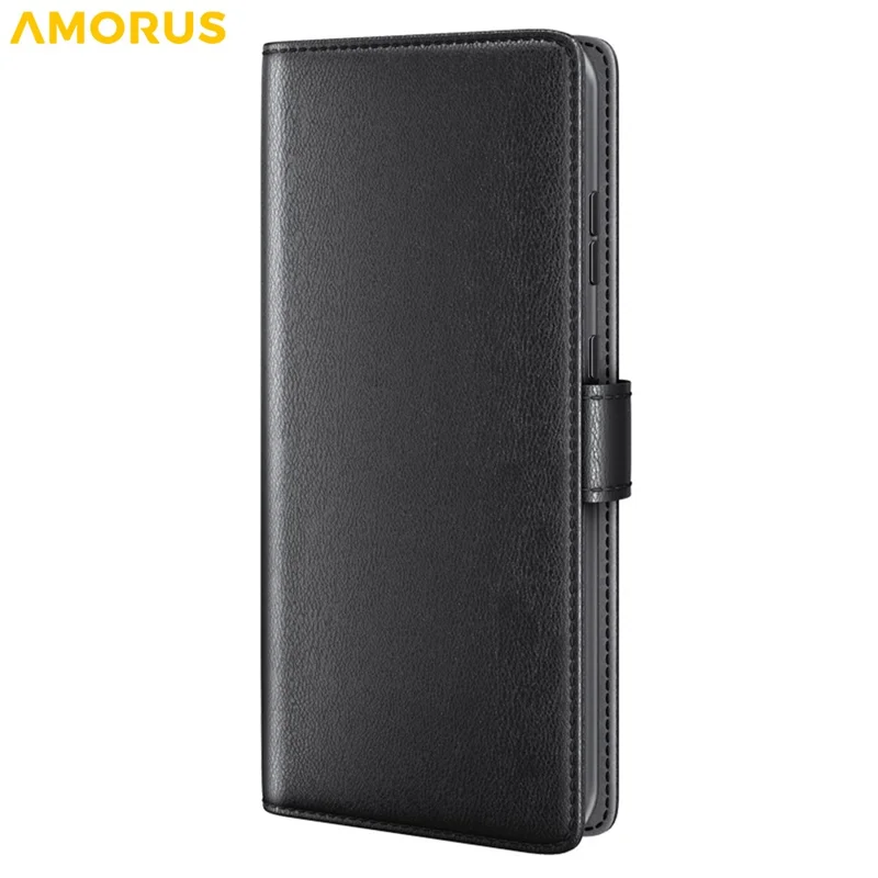 AMORUS For iPhone 18 Pro / 17 Pro Stand Cases Calf Texture Genuine Split Leather Wallet Phone Cover - Black